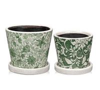Oairse Set of 2 Green and White Ceramic Planter 12CM 10CM Ceramic Plant Pots Indoor with Drainage Holes and Saucers Tray Decorative Flower Pots Garden Pot for Succulent Cactus House Plants