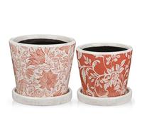 Oairse Set of 2 Pink Ceramic Planter 12CM 10CM Ceramic Plant Pots Indoor with Drainage Holes and Saucers Tray Decorative Flower Pots Garden Pot for Succulent Cactus House Plants