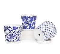 Oairse Set of 3 Ceramic Plant Pots 15cm Small Flower Pots with Saucers, Drainage Hole, Blue and White Plant Pot Indoor/Outdoor Decorative Planter for Succulents, Herbs, Cactus, Snake Plant