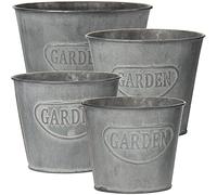 Oairse Set of 4 Plant Pots Outdoor Galvanised Planter Garden Planters Metal Plant Pots Vintage Zinc Round Bucket Flower Pot Rustic Container for Plant or Decorative Home Modern Farmhouse Indoor