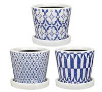 Oairse Small Ceramic Pots for Plants, 12cm Blue and White Plant Pot Indoor with Drainage & Saucer Set of 3 Ceramic Planters for Indoor Plants Succulent Pot Decorative Flower Pots for Cactus, Orchid