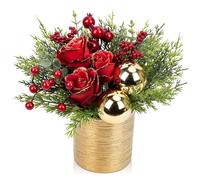 Oairse Small Christmas Tree 25cm Artificial Plant in Gold Ceramic Pots | Mini Xmas Tree Ornaments with Rose Flower, Baubles, Berries for Christmas Decorations Home New Year Table Centerpieces