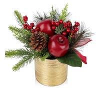Oairse Small Christmas Tree 25cm Artificial Plant in Gold Ceramic Pots with Apple, Pine Cone, Berries, Mini Xmas Tree Ornaments Christmas Decorations for Home New Year Table Centerpieces