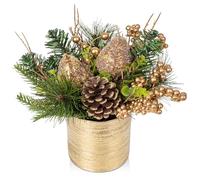 Oairse Small Christmas Tree 25cm Artificial Plant in Gold Ceramic Pots with Pears, Pine Cone, Berries, Mini Xmas Tree Ornaments Christmas Decorations for Home New Year Table Centerpieces