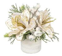 Oairse Small Christmas Tree 25cm Artificial Plant in White Ceramic Pots | Mini Xmas Tree Ornaments with Magnolia Flower and Berry, Snowy for Christmas Decorations Home New Year Table Centerpieces
