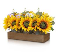 Oairse Sunflower Artificial Flowers with Vase 3pcs Sunflower Centerpieces for Tables Silk Flower Arrangements with Metal Pot & Wooden Tray Fake Flowers in Vases Farmhouse Table for Home Decor
