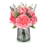 Oaise Artificial Flowers with Vase Artificial Peony Hydrangea Flowers Red Silk Flowers Realistic Floral Arrangement for Home Kitchen Living Room Table Centerpieces Office Wedding Party Decorations