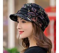 Oaiyeie Floral Pleated Short Brim hat,Folk style cap with soft hat brim, Women's warm hat in autumn and winter (Black)