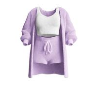Oaiyeie Knit Set 3-Piece, Cosy Knit Set 3 Pieces, Women's Sexy Warm Fuzzy Fleece 3 Piece Outfits Pajamas (purple,M)