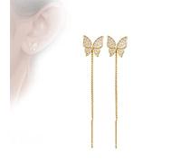 Oaiyeie Shiny Diamond Butterfly/Flower Earrings,925 silver needle Shiny Fringe Flower Earrings,Pull Through Threader Earrings Jewelry Gifts for Women Girls (Gold-B)