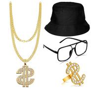 OAJABBGE 80s 90s Hip Hop Outfit Gold Plated Chain Sunglass Rapper Accessories Dollar Sign Pendant Halloween Cosplay Hip Hop Costume Kit
