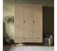 Oak and Gold Ribbed 3 Door Triple Wardrobe with 2 Drawers - Valencia