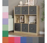 (Oak Bookcase, Beige Drawer) Asymmetrical 8 Cube Bookcase Shelf Storage Unit with 6 Fabric Drawer Inserts