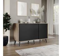 Urbn-Living Urbnliving 3-Door Sliding Cabinet Sideboard Oak Carcass With Black Doors Storage Organiser Home Cupboard Black Wooden Legs