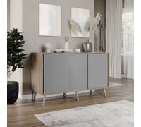 Urbn-Living Urbnliving 3-Door Sliding Cabinet Sideboard Oak Carcass With Grey Doors Storage Organiser Home Cupboard Beech Wooden Legs