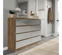 (Oak Carcass + Grey Drawers) Modern Wide Wooden Chest of 8 Drawers Bedroom Furniture Storage Bedside Cabinet