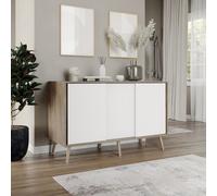 Urbn-Living Urbnliving 3-Door Sliding Cabinet Sideboard Oak Carcass With White Doors Storage Organiser Home Cupboard Beech Wooden Legs
