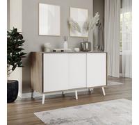 Urbn-Living Urbnliving 3-Door Sliding Cabinet Sideboard Oak Carcass With White Doors Storage Organiser Home Cupboard White Wooden Legs