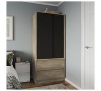 (Oak Carcass with Black Doors) 2 Sliding Doors Wardrobe 2 Drawer Clothes Cupboard