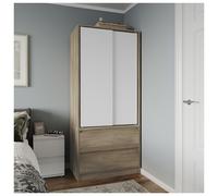 (Oak Carcass with White Doors) 2 Sliding Doors Wardrobe 2 Drawer Clothes Cupboard