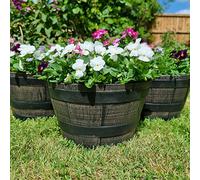 Oak Effect Planter | Strong, durable plastic garden plant pot | Whisky half barrel planter container | Size: Top D33cm x Bottom D23cm x Height 20cm | Container for growing plants, flowers, fruit & veg