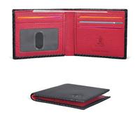 Oak Leathers Slim Bifold Wallet for Men - RFID Leather Wallets bi fold 6 Credit Card and Id Holder, Gift for Men (Black Carbon/Red)