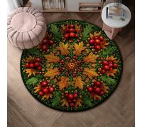 Oak Leaves Area Rug, Fall Nature-Inspired Red Berries Green Leaves Fall Green Non-Slip Backing Home Indoor Doormat Accents Rug Non Shedding Laundry Room Bathroom Doorway Entryway Decor 4' X 4'