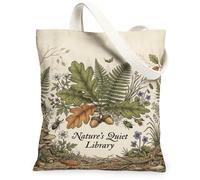 Oak Leaves Canvas Tote Bag, Nature-inspired Rustic Ferns Wildflowers Spring Green Shopping Bag 13x15 Inch, Green, 13x15 Inch