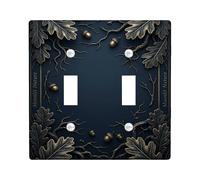 Oak Leaves Double Light Switch Cover Plate, Nature Rustic Acorns Branches Fall Dark Blue Plastic Standard Size Switch Plate Decorative for Home Living Room Bedroom Bathroom Decor