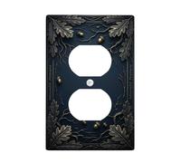 Oak Leaves Duplex Outlet Covers Wall Plate, Nature Rustic Acorns Branches Fall Dark Blue Plastic Standard Size Double Power Outlet Cover Plate for Home Living Room New Apartment Decor