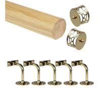 Oak Mopstick Handrail Kit 1800mm with Brass Wall Brackets & Brass Filigree End Caps | Wall Mounted Bannister Support Rail