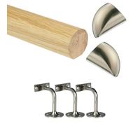 Oak Mopstick Handrail Kit with Brushed Nickel Wall Brackets & Fusion End Caps - Solid Oak Stair Handrail - 1800mm / 2400mm / 3600mm / 4200mm - Jackson Woodturners (1800mm + 3 Wall Brackets)