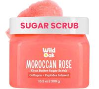 OAK Moroccan Rose Shea Butter Sugar Scrub | 300Gm | With Collagen & Peptides | Tan Removal | Lightens Dark Area - Neck & Elbows | Smoothen Bumpy Legs & Hands | Hydrating & Exfoliating Body Scrub