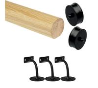 Oak Round Handrail Kit with Black Brackets & Medium End Caps - 54mm Mopstick Stair Handrail - Wall Mounted Wooden Rail - 1800mm-4200mm - Jackson Woodturners (2400mm + 3 Wall Brackets, Medium)