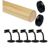 Oak Round Handrail Kit with Black Brackets & Medium End Caps - 54mm Mopstick Stair Handrail - Wall Mounted Wooden Rail - 1800mm-4200mm - Jackson Woodturners (4200mm + 5 Wall Brackets, Slim)