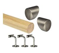 Oak Round Mopstick Handrail Kit with Wall Brackets & Forge End Caps - 1800-4200mm, Chrome/Black/Brushed Nickel/Antique Brass (Brushed Nickel, 2400mm)