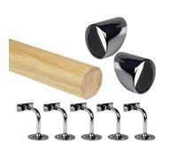 Oak Round Mopstick Handrail Kit with Wall Brackets & Forge End Caps - 1800-4200mm, Chrome/Black/Brushed Nickel/Antique Brass (Chrome, 4200mm)