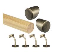 Oak Round Mopstick Handrail Kit with Wall Brackets & Forge End Caps - 1800-4200mm, Chrome/Black/Brushed Nickel/Antique Brass (Antique Brass, 3600mm)