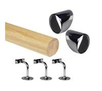 Oak Round Mopstick Handrail Kit with Wall Brackets & Forge End Caps - 1800-4200mm, Chrome/Black/Brushed Nickel/Antique Brass (Chrome, 2400mm)