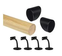 Oak Round Mopstick Handrail Kit with Wall Brackets & Forge End Caps - 1800-4200mm, Chrome/Black/Brushed Nickel/Antique Brass (Black, 3600mm)