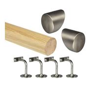 Oak Round Mopstick Handrail Kit with Wall Brackets & Forge End Caps - 1800-4200mm, Chrome/Black/Brushed Nickel/Antique Brass (Brushed Nickel, 3600mm)