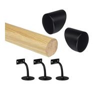 Oak Round Mopstick Handrail Kit with Wall Brackets & Forge End Caps - 1800-4200mm, Chrome/Black/Brushed Nickel/Antique Brass (Black, 2400mm)
