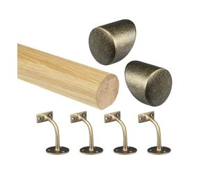 Oak Round Mopstick Handrail Kit with Wall Brackets & Forge End Caps - 1800-4200mm, Chrome/Black/Brushed Nickel/Antique Brass (Antique Brass, 3600mm)