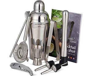 Oak & Steel - 10 Piece Premium Stainless Steel Cocktail Making Gift Set - Recipe Book, Shaker, Strainer, Muddler, Double Jigger & Pourers for Home and Bar Party, Bartender Tool Kit