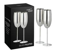 Oak & Steel - 2 Silver Champagne Flutes, 280ml - Stainless Steel Silver Prosecco Glasses with Gift Box