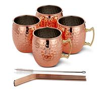 Oak & Steel - 8 Large Moscow Mule Cocktail Mugs, 550ml - Hammered Design Copper Cups Gift Set with Stainless Steel Straws Cleaning Brush