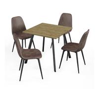 (Oak Table & 4 Dark Brown Chairs) Wooden Dining Table & 4 Faux PU Leather Chairs Set Metal Legs Kitchen Furniture
