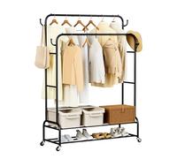 Oak & Tea Clothes Rail, 110×157×42cm Portable Metal Clothes Rack with Double-layer Mesh Shelf, Double Rail Design for Bedroom/Laundry/Shop, 120kg Load Capacity