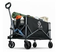 Oak&tea Foldable Garden Trolley Camping Wagon,100L 110Kg Load, Auto Return Telescopic Handle, 360 Swivel Wheels, Black