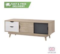 Oak TV Cabinet Stand 120cm Media Unit Sliding Doors 2 Drawer Grey Style